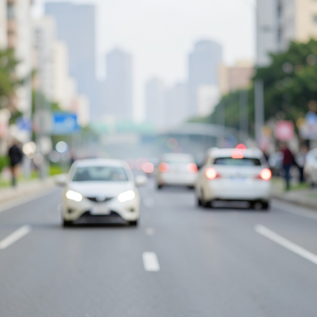 A clean city road with electric cars driving under soft daylight, blurred skyline in the background, no visible text, no logos, no watermark, aspect ratio 1:1