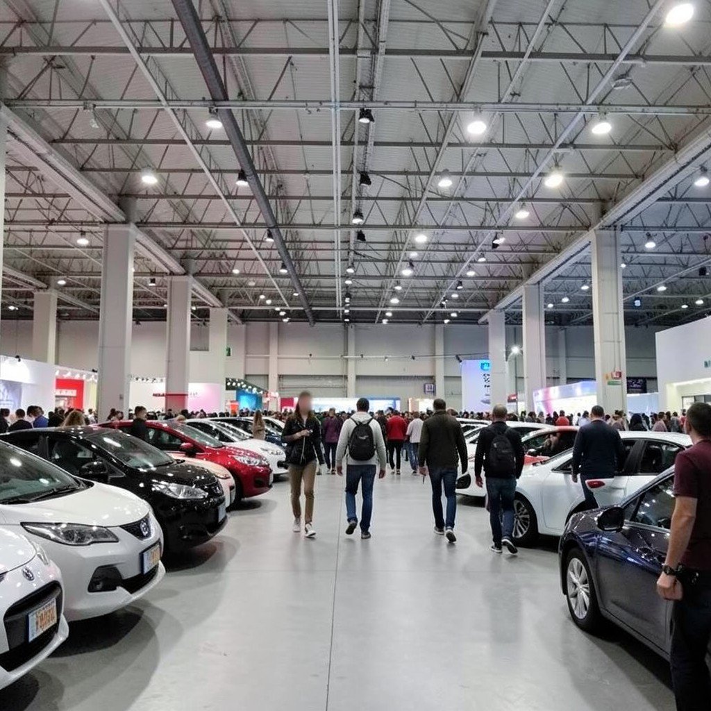 Visitors walking past electric cars in a spacious auto show hall, seen from a distance, soft overhead lighting, no visible text, no logos, no watermark, aspect ratio 1:1