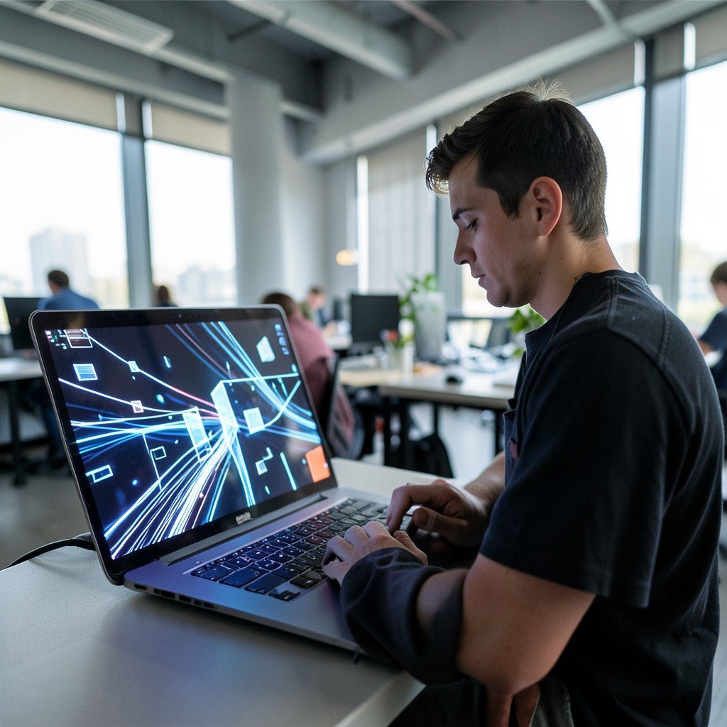 A software developer working on a laptop with abstract glowing lines and blocks on the screen in a modern office, no visible text, no logos, no watermark, aspect ratio 4:3