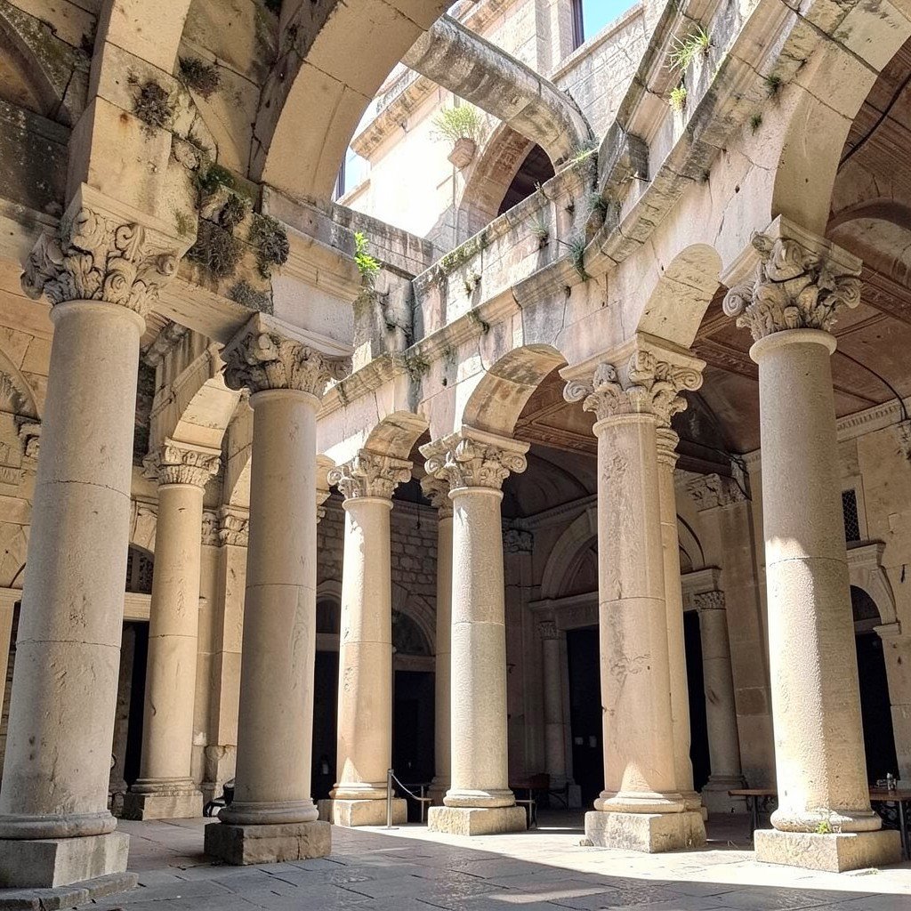 Sunlit cloister and ancient atrium colonnade of an early Christian basilica in Croatia with carved stone capitals, peaceful historic atmosphere, no visible text, no logos, no watermark, aspect ratio 1:1