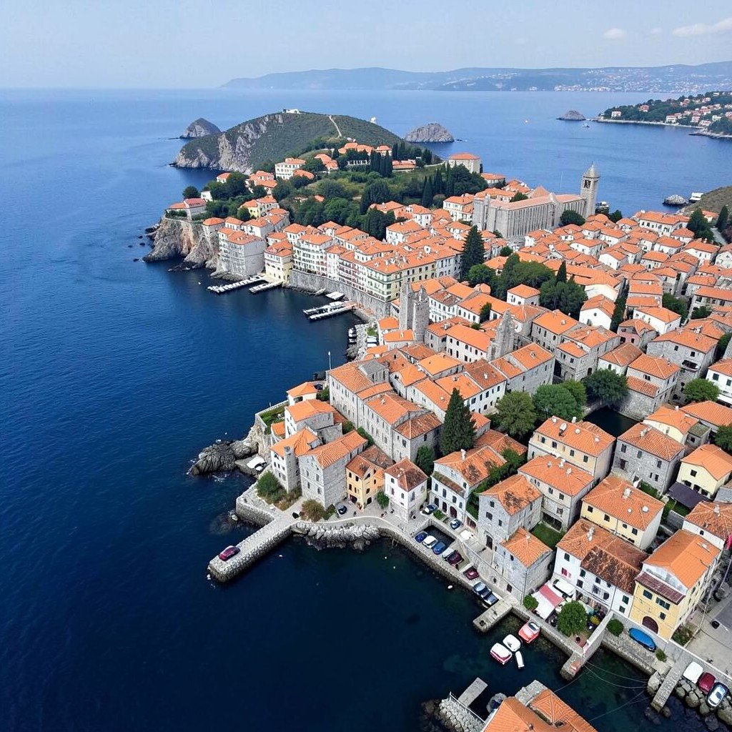 Coastal aerial view of historic town of Porec Croatia jutting into the Adriatic Sea with terracotta roofs and ancient stone church tower, no visible text, no logos, no watermark, aspect ratio 1:1
