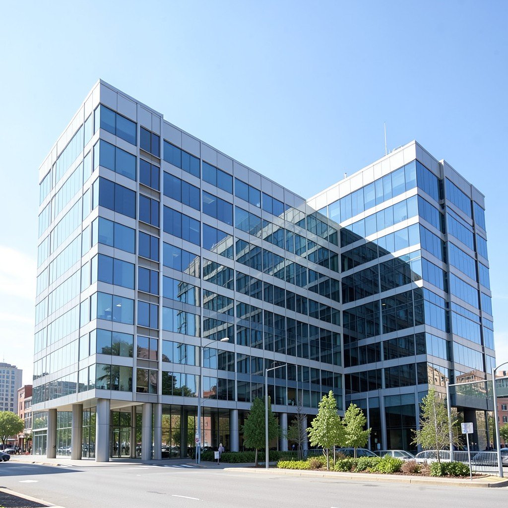 Exterior view of modern corporate office buildings with glass facades under clear daylight, architectural view, no visible text, no logos, no watermark, aspect ratio 1:1