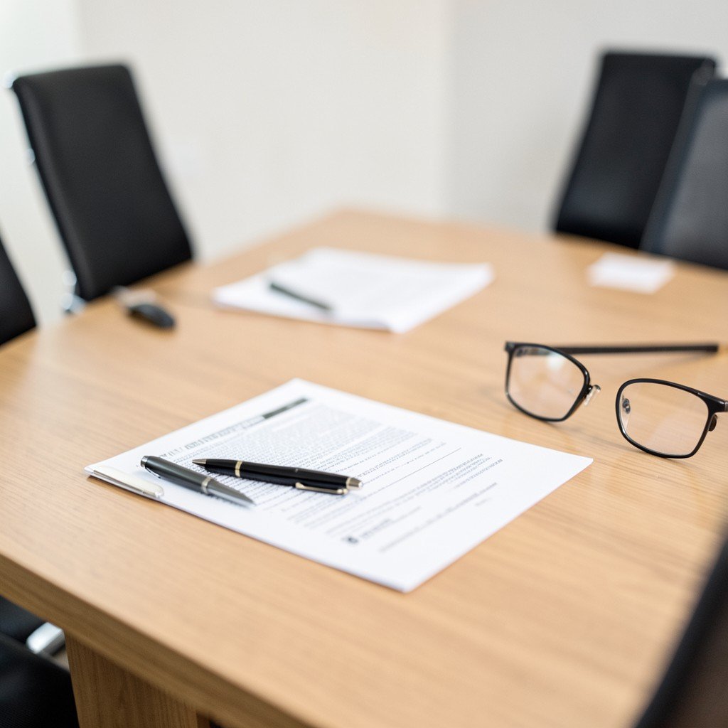 A clean wooden conference table with documents pen and glasses prepared for a professional business meeting, shallow depth of field, no visible text, no logos, no watermark, aspect ratio 1:1