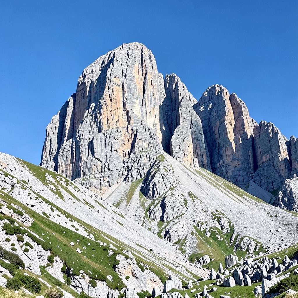 Majestic Dachstein limestone mountain massif with rugged cliffs and high alpine karst terrain under a clear blue sky, no visible text, no logos, no watermark, aspect ratio 4:3