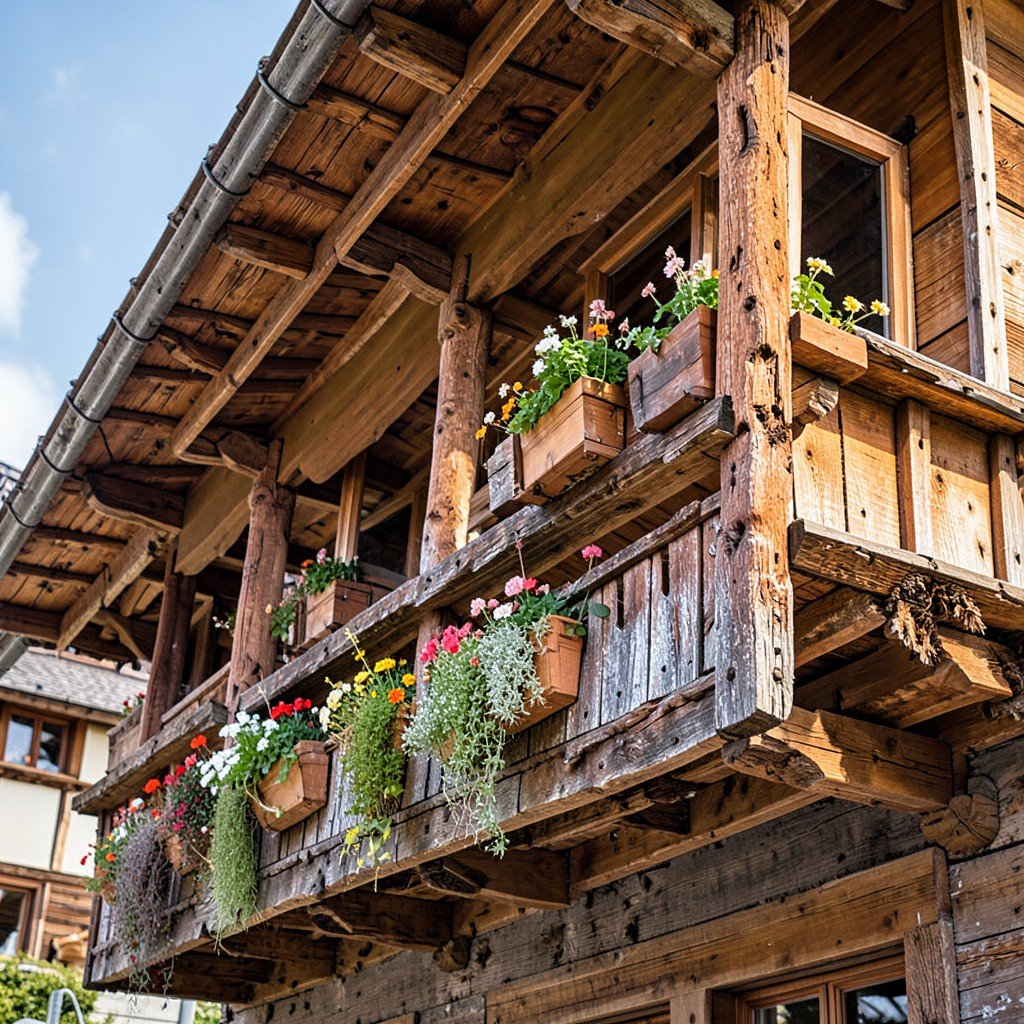 Close view of traditional alpine wooden architecture with handcrafted timber balconies and flower boxes in Hallstatt, no visible text, no logos, no watermark, aspect ratio 4:3