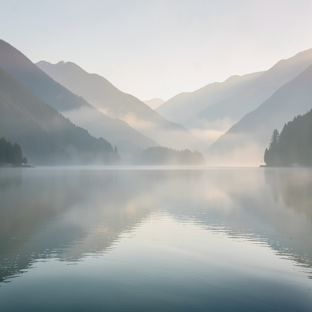 Serene view of Hallstatt lake enveloped in morning mist with layered mountain silhouettes in soft natural tones, no visible text, no logos, no watermark, aspect ratio 4:3