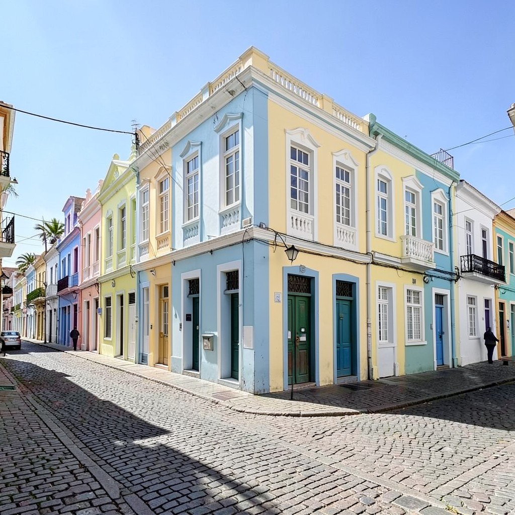 Historic street in Punda district Willemstad, Dutch colonial gabled facades painted in pastel yellow and blue, cobblestone street, sunny Caribbean atmosphere, no visible text, no logos, no watermark, aspect ratio 4:3
