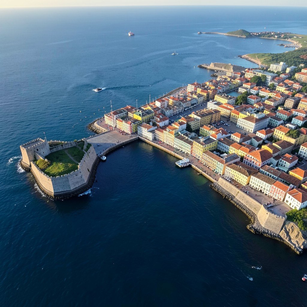 Aerial view of Willemstad harbor entrance, historical forts, colorful colonial cityscape meeting the deep blue Caribbean ocean, soft morning lighting, no visible text, no logos, no watermark, aspect ratio 1:1