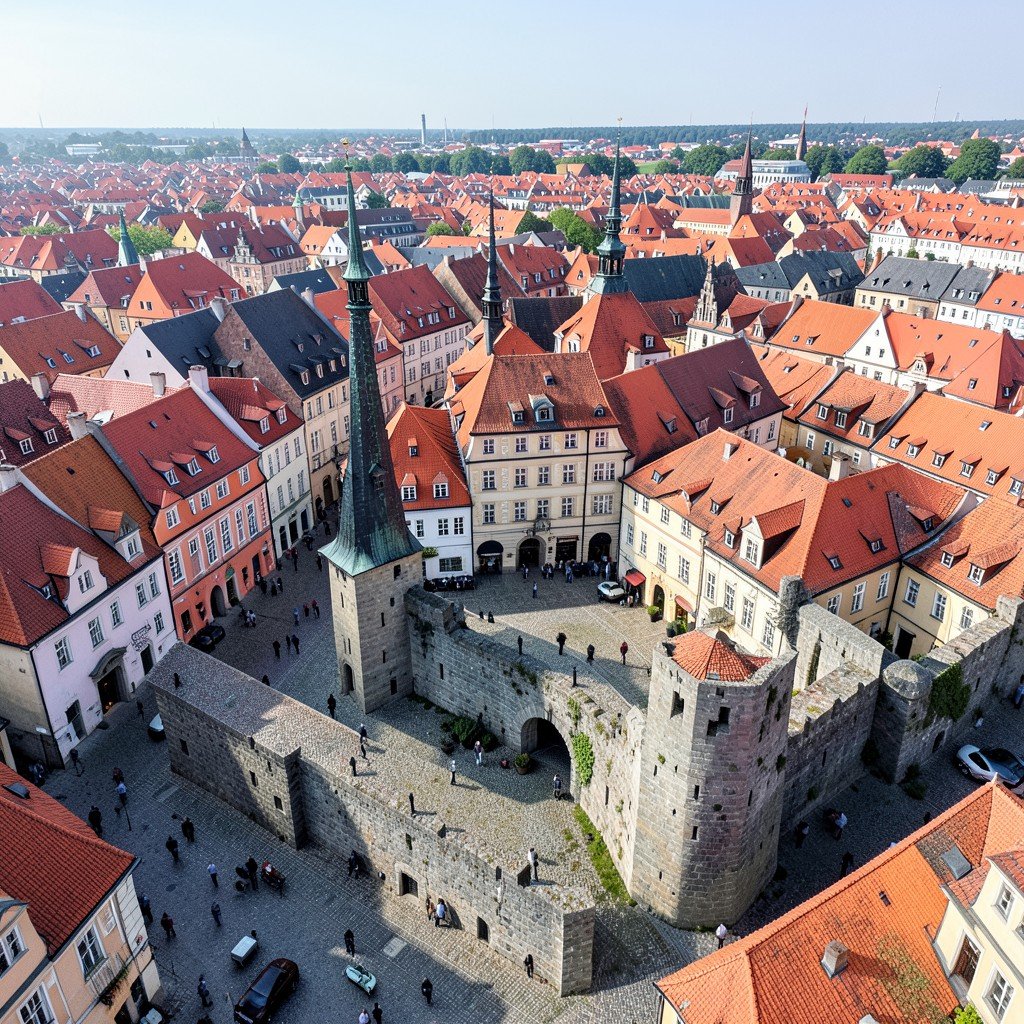 Aerial view of Tallinn Old Town in Estonia with red tiled roofs medieval spires cobblestone streets and stone fortifications, clear daylight, aspect ratio 1:1, no visible text, no logos, no watermark