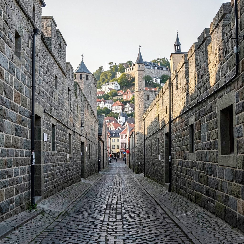 Cobblestone alley with medieval limestone walls and towers leading up to Toompea hill in Tallinn Estonia, soft morning light, aspect ratio 1:1, no visible text, no logos, no watermark