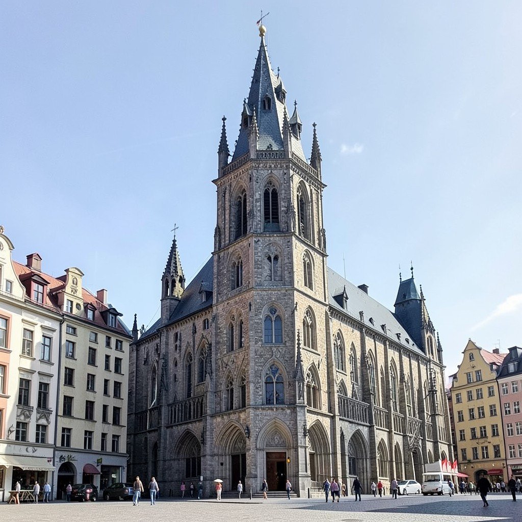Gothic medieval Town Hall with its historic tower in Tallinn Town Hall Square with historic merchant facades, daytime view, aspect ratio 1:1, no visible text, no logos, no watermark