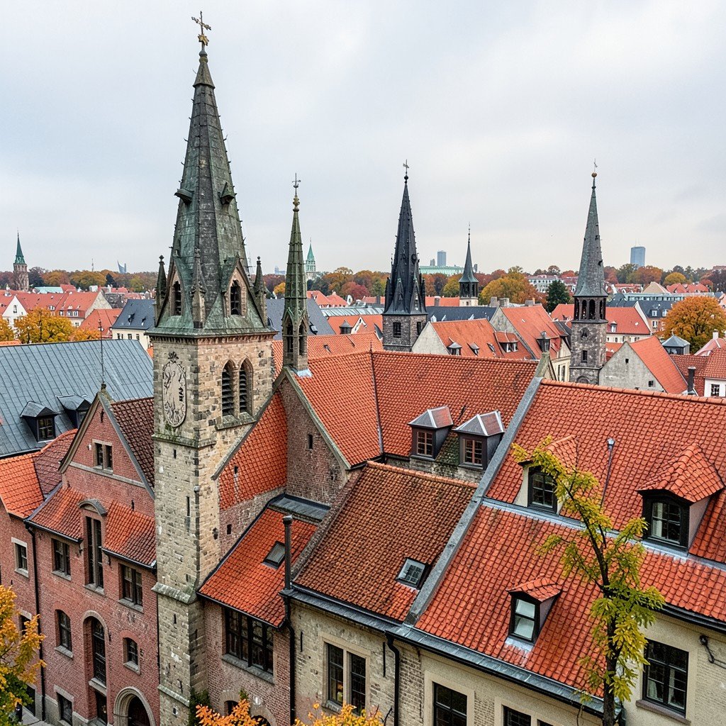 Historic cityscape of Tallinn Old Town showing medieval limestone spires and preserved traditional red tile rooftops under an autumn sky, aspect ratio 1:1, no visible text, no logos, no watermark