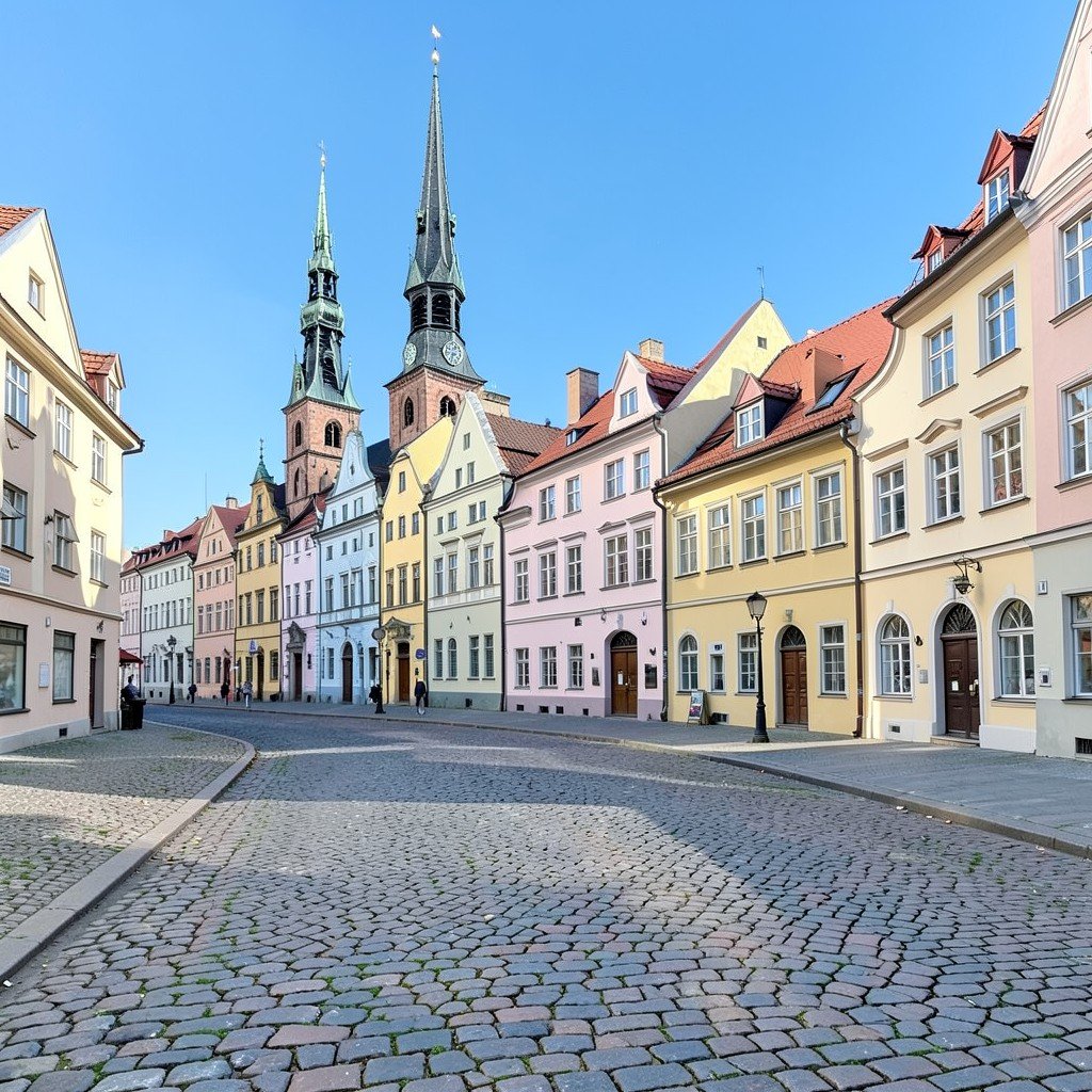 The historic cobblestone streets of Riga Old Town in Latvia showing medieval spires pastel facade buildings and northern European architecture under a clear blue sky, no visible text, no logos, no watermark, aspect ratio 1:1