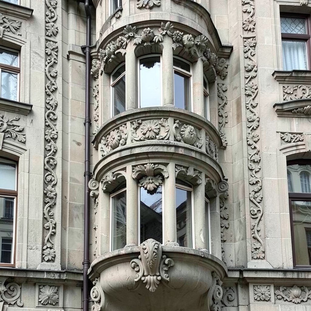 Detailed architectural facade of an Art Nouveau building in Riga featuring expressive stone carvings floral ornaments curved bay windows and sculptural details, no visible text, no logos, no watermark, aspect ratio 1:1