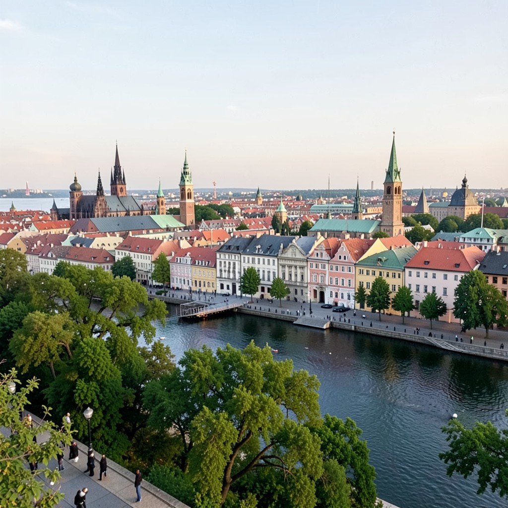 Wide panoramic skyline of Riga Old Town across the Daugava River showing historical church spires mixed with lush canal parks under soft daylight, no visible text, no logos, no watermark, aspect ratio 1:1