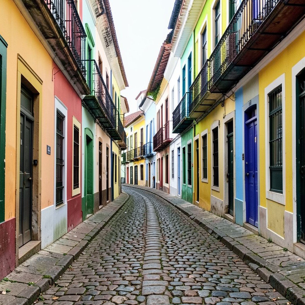 Cobblestone sloping street in historic district lined with vibrant colonial houses with iron balconies São Luís Brazil no visible text, no logos, no watermark, aspect ratio 1:1