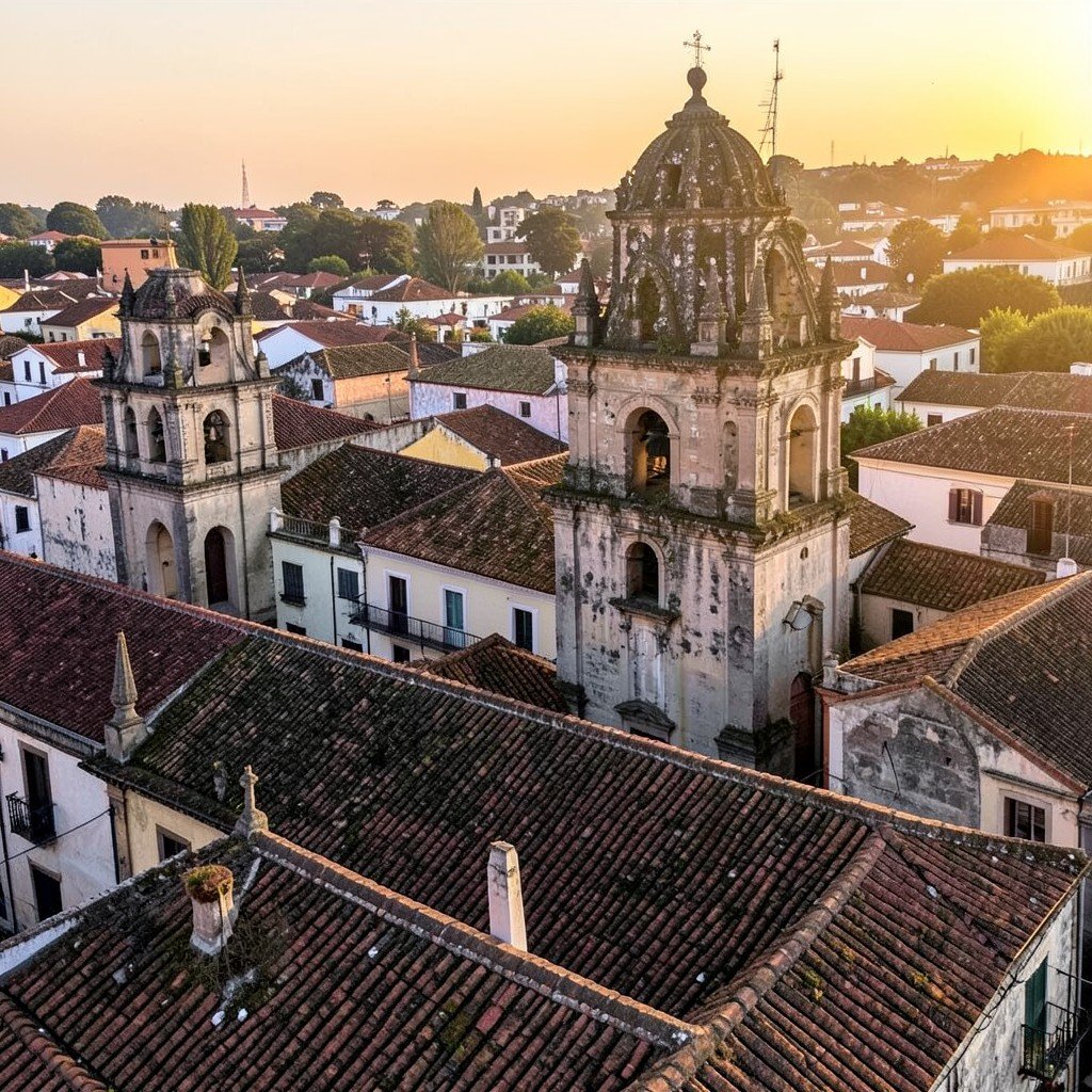 Panoramic view of São Luís historic centre roofs and bell towers during golden hour warm sunlight no visible text, no logos, no watermark, aspect ratio 1:1