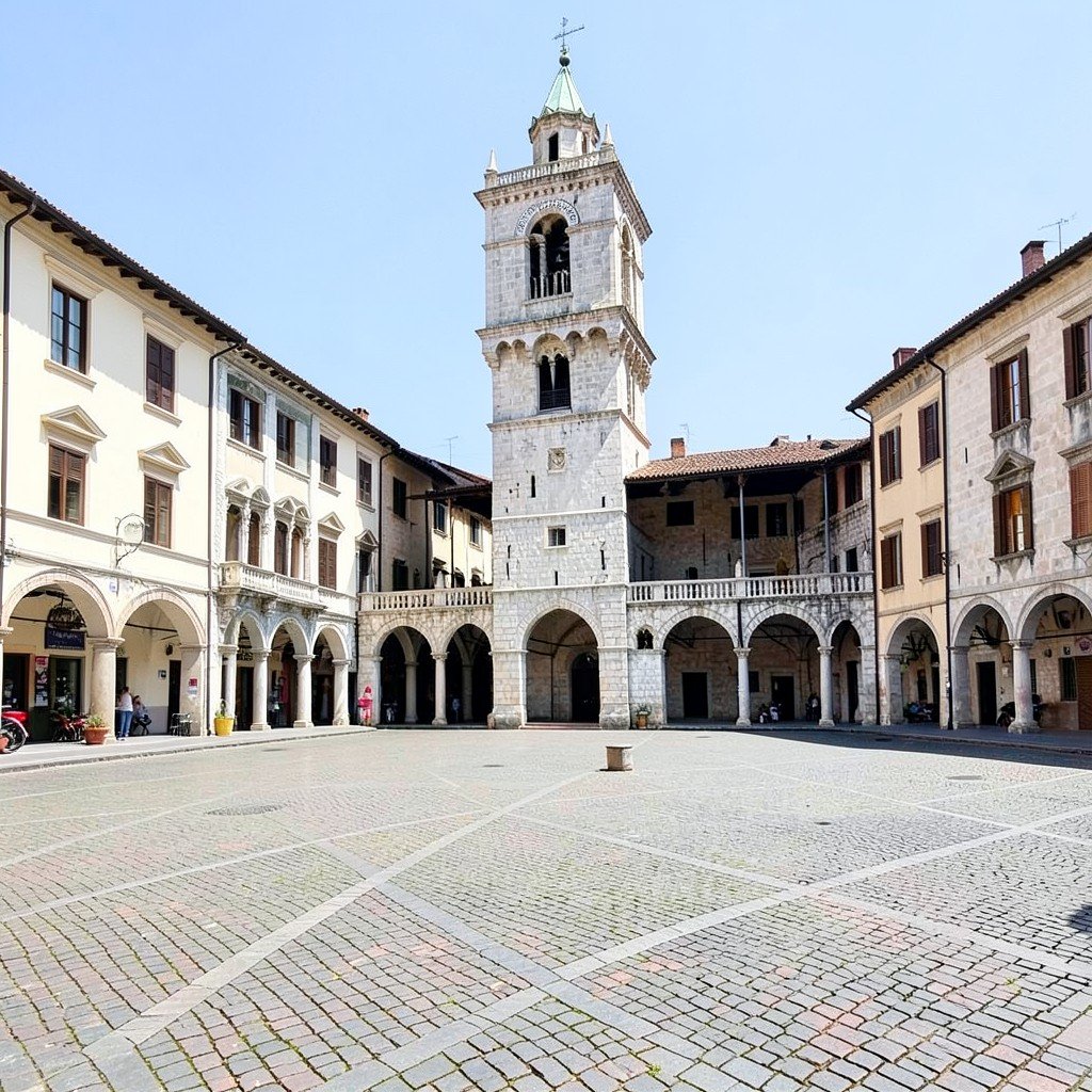 Beautiful central town square in Trogir with historic stone clock tower Venetian loggia cobblestone paving bright daylight no visible text no logos no watermark aspect ratio 1:1
