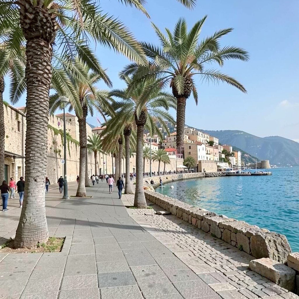 Scenic Mediterranean waterfront promenade of Trogir lined with palm trees ancient stone city walls calm turquoise sea no visible text no logos no watermark aspect ratio 1:1