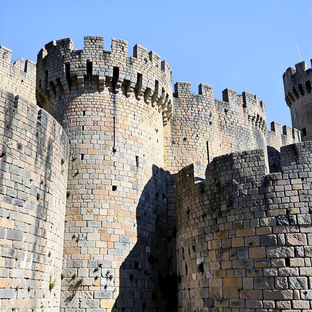 Close up view of massive medieval stone walls and circular defensive watchtowers in Carcassonne, sunny daylight, stone texture detail, no visible text, no logos, no watermark, aspect ratio 1:1