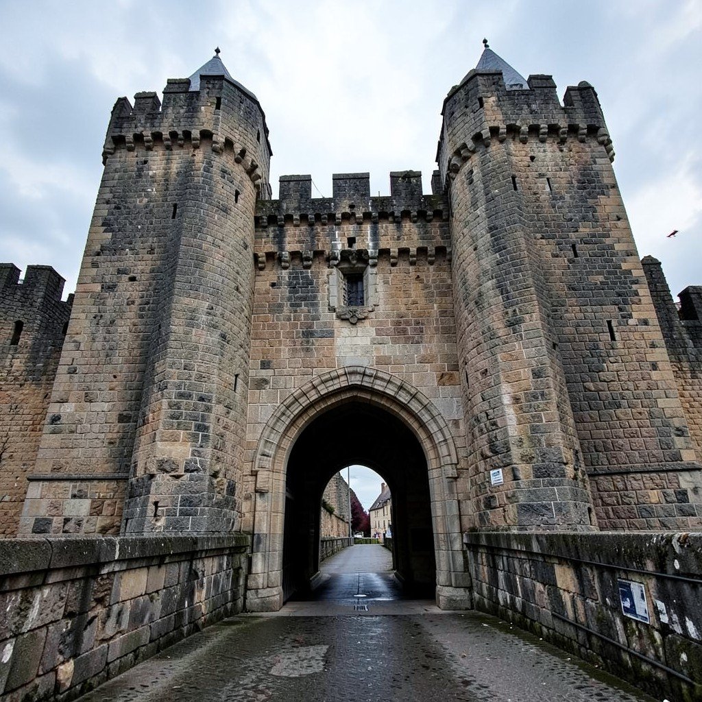 Massive stone gateway of Porte Narbonnaise with twin defensive towers and stone drawbridge in Carcassonne France, dramatic perspective, no visible text, no logos, no watermark, aspect ratio 1:1